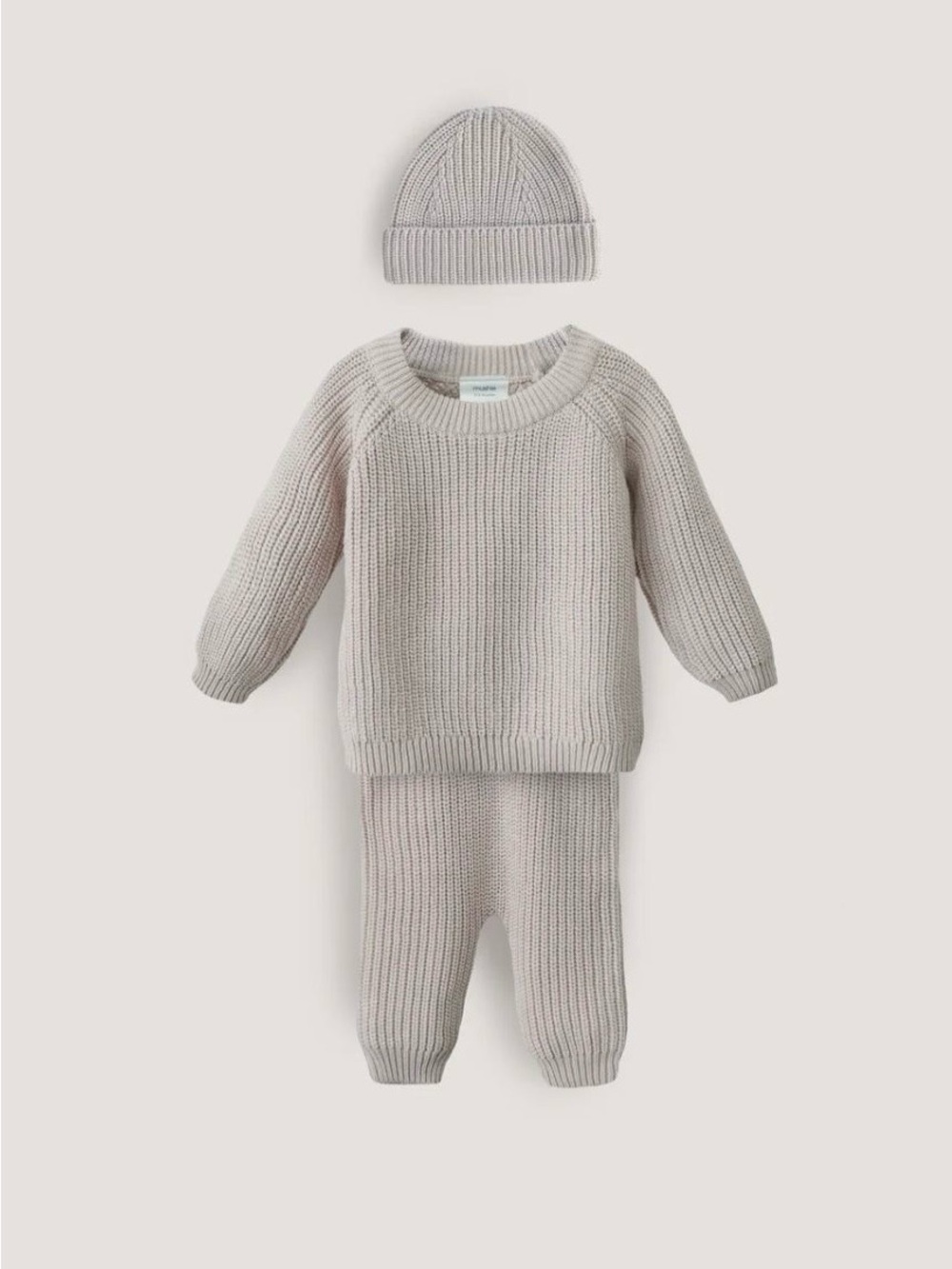 Mushie Baby Set (3-6 months) Chunky Knit Sweater, Pants & Beanie - Light Beige